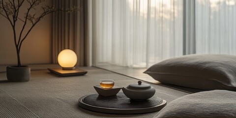 A serene interior scene featuring tea service and minimalist decor