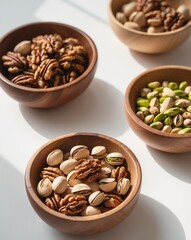 Four wooden bowls filled with various nuts including walnuts and pistachios offer a healthy and delicious snack.