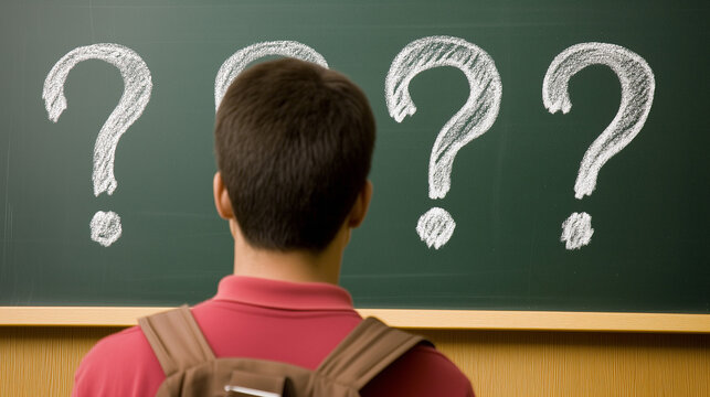 Chico enfrentando una pizarra repleta de interrogaciones