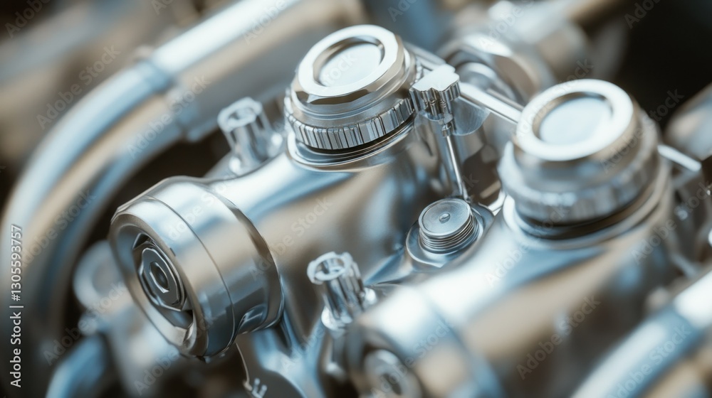 Poster shiny metal engine components showing mechanical intricacy and detail