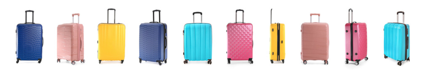 Set of many suitcases on white background. Travel concept
