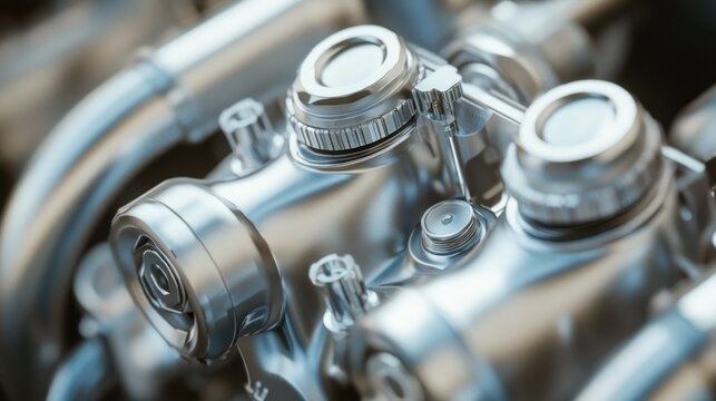 Shiny metal engine components showing mechanical intricacy and detail