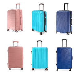 Set of suitcases on white background. Travel concept