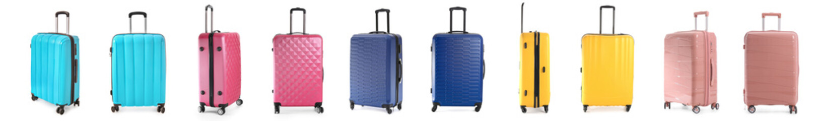 Set of many suitcases on white background. Travel concept