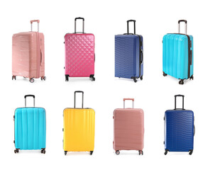 Set of many suitcases on white background. Travel concept