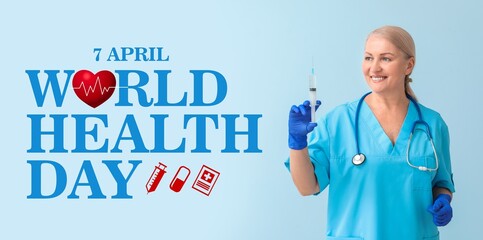 Female doctor with syringe on light blue background. Banner for World Health Day