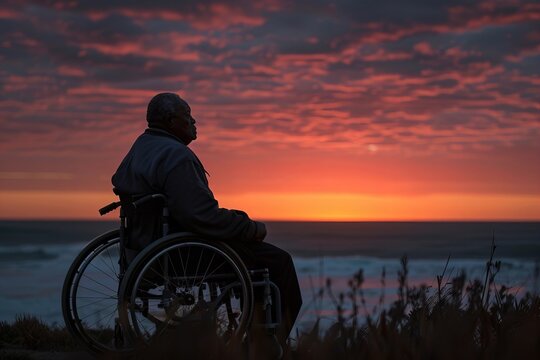 Photo of elderly African American veteran in wheelchair, gazing at stunning sunset, cast in silhouette.