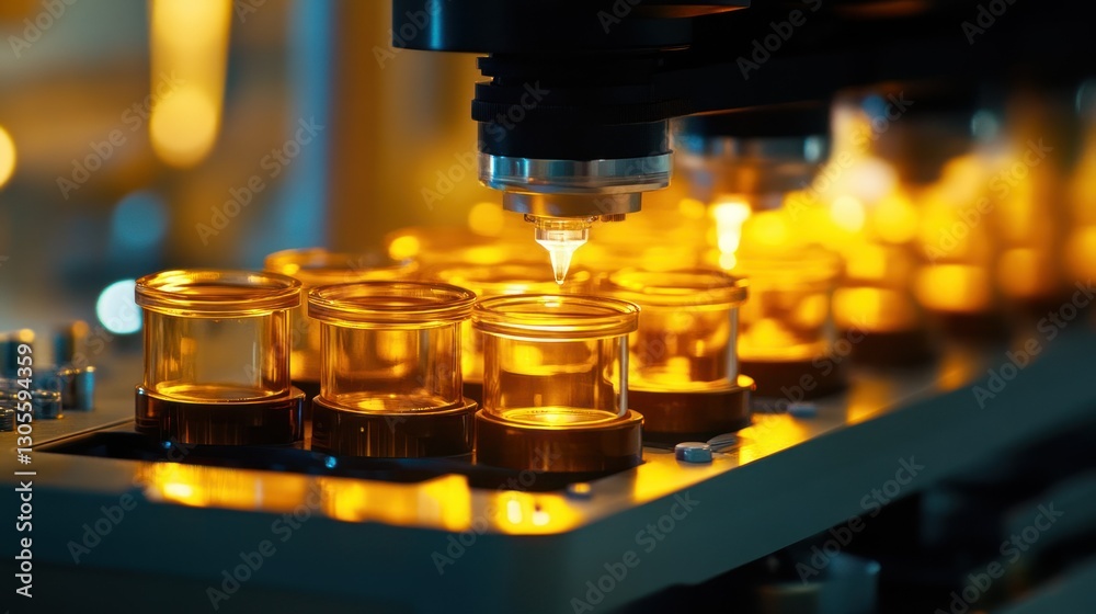 Poster automation fills small glass jars with liquids in a laboratory