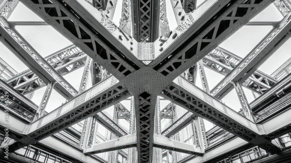 Poster A symmetrical architectural image showing complex metal structural components