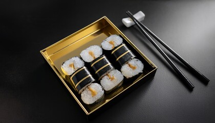 Premium sushi takeout box mockup in black and gold aesthetic, styled with elegant chopsticks, evoking luxury dining and modern Japanese minimalism.

