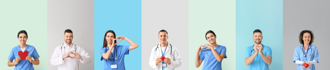 Set of cardiologists on color background