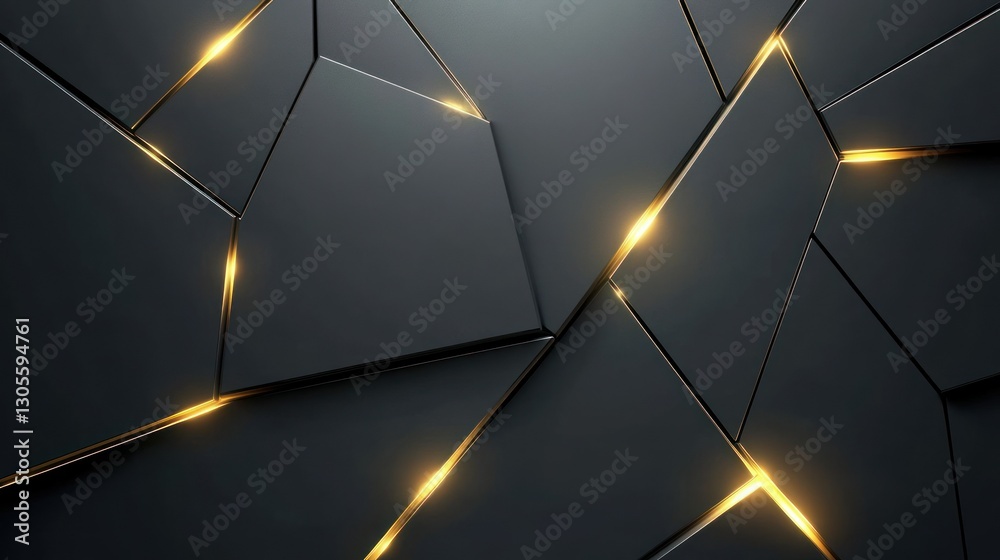 Poster Geometric shapes with golden lines and illuminating a dark background