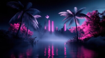 future oasis, a cybernetic lagoon glows under neon night sky, encircled by futuristic palm trees and mystical butterflies