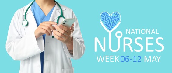 Male doctor with mobile phone on light blue background. Banner for National Nurses Week