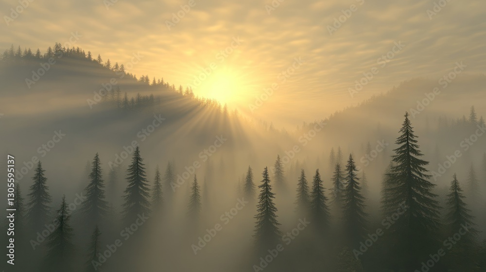 Poster sunlight shines through mist over pine trees in a forest