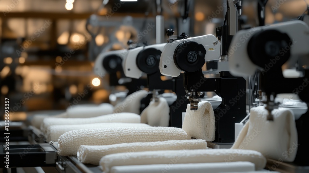 Poster automated sewing machines working in a textile manufacturing process