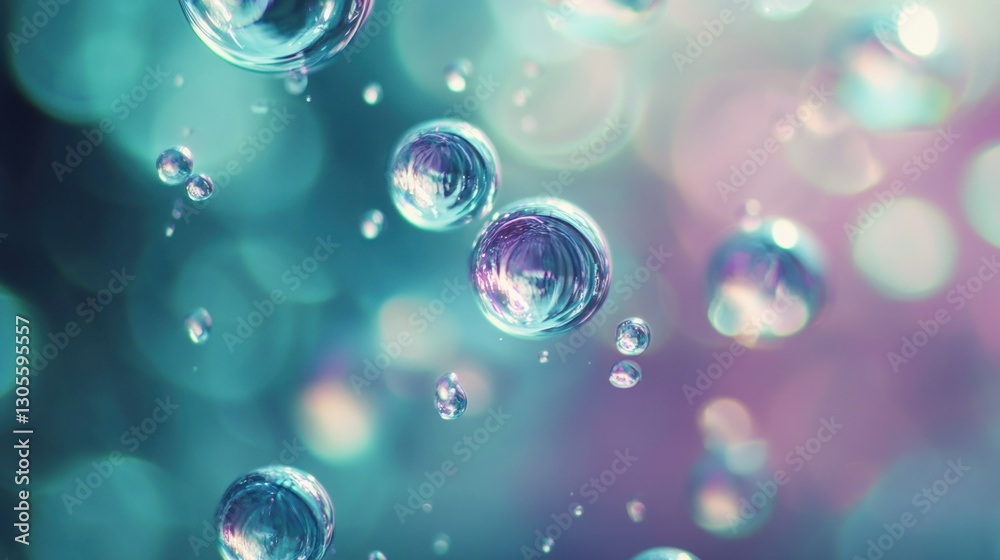 Poster floating iridescent soap bubbles with a dreamy atmospheric background