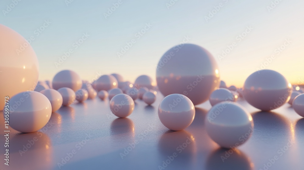 Poster multiple white spheres appear on a reflective surface with background light