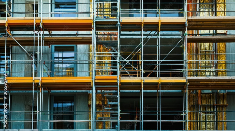 Poster Scaffolding Structures Are Constructed on a Building Facade Outdoors
