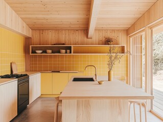 Modern kitchen interior features bright yellow tiles and wood finishes