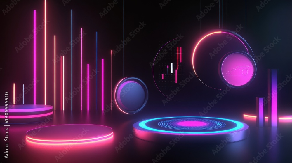Poster a futuristic and modern design with neon lights and platforms