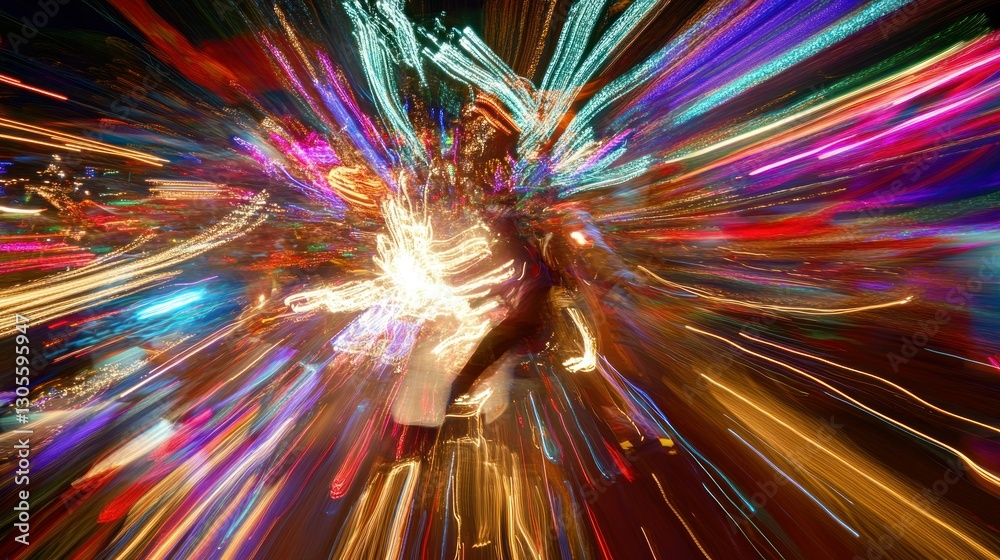Poster a person is captured in motion with light streaks and colors