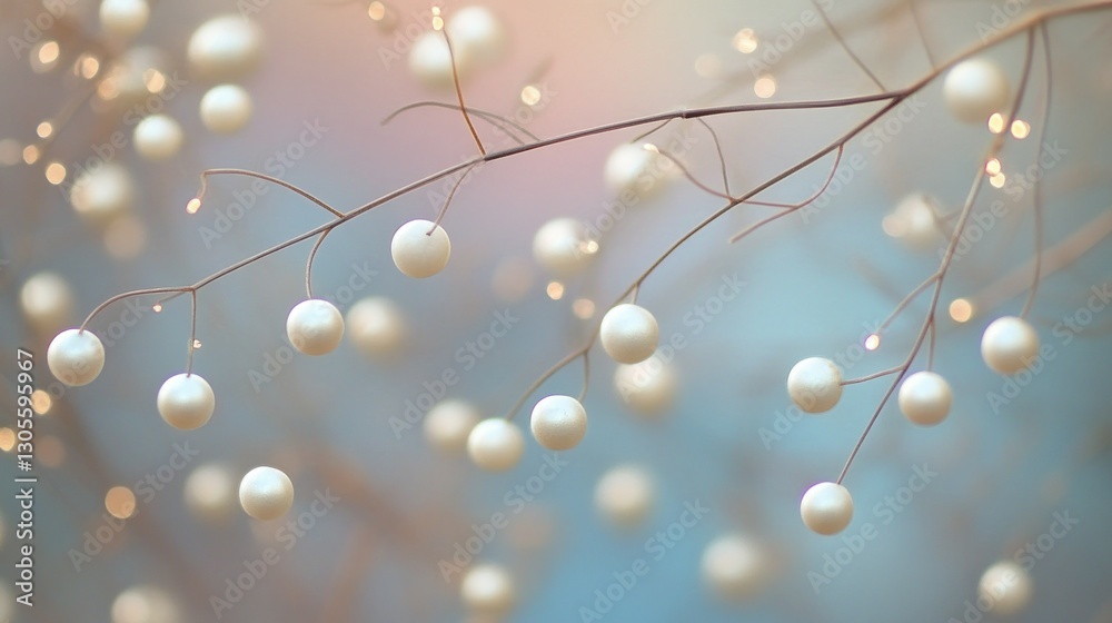 Aufkleber pearlescent white spheres hang from slender branches in a blurry background