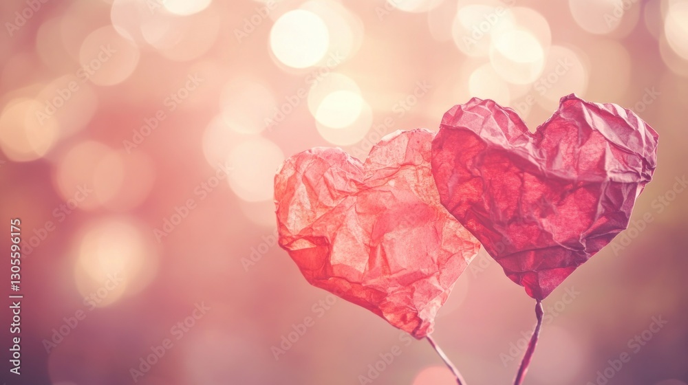 Poster two hearts of paper floating amidst a blurred soft background