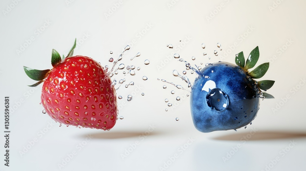 Poster a strawberry and blueberry with water splashing around them