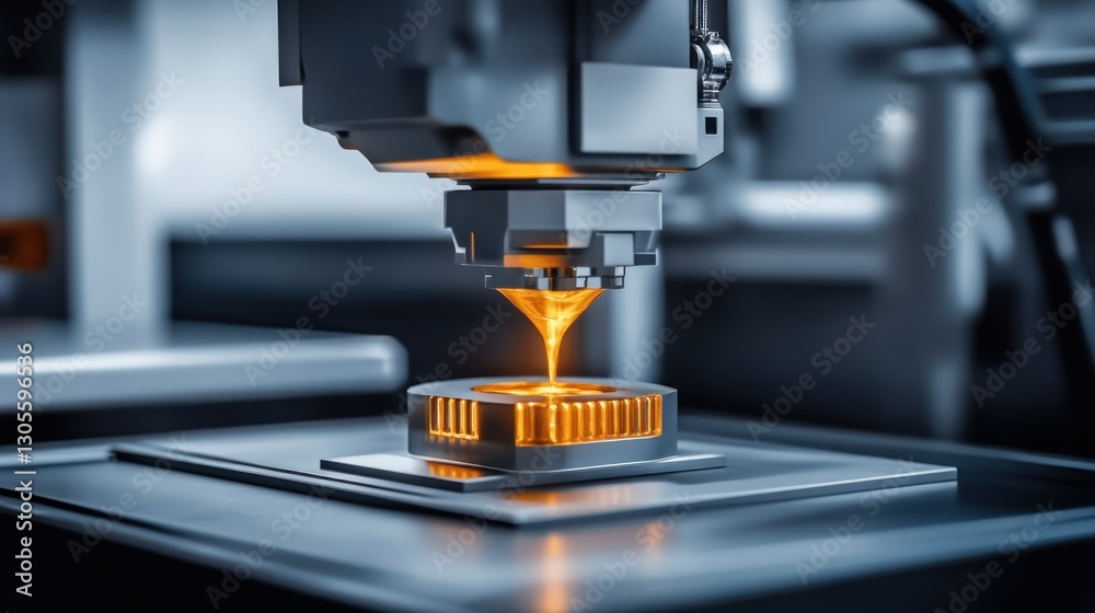 Poster a machine carefully printing and constructing a metal product