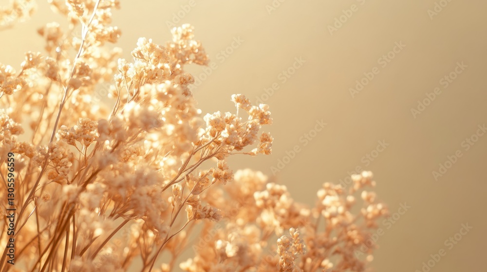 Poster golden flowers with soft light in a cream colored background