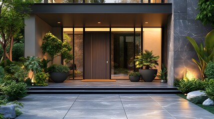 A Contemporary House Entrance with Dark Wood and Glass Accents Surrounded by Warm Lighting