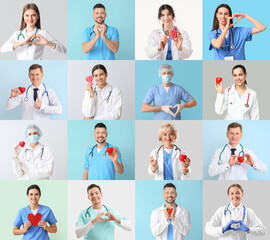 Collage of cardiologists on color background