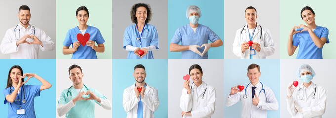 Collage of cardiologists on color background