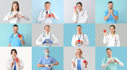 Collage of cardiologists on color background