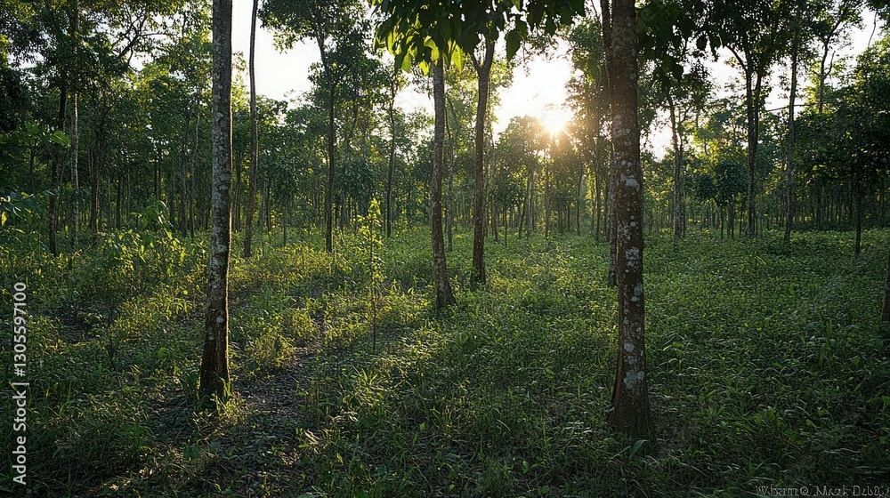 Poster sunlight shines through the trees within the lush forest landscape