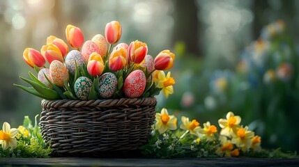 A Beautiful Easter Basket Adorned with Intricately Painted Eggs Surrounded by Cheerful Spring Flowers in a Sunlit Garden