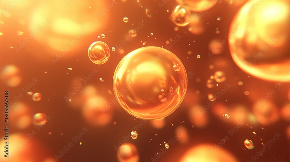 Poster golden spheres floating in a warm orange illuminated background