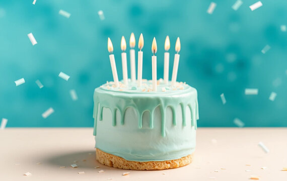  A bright, cartoonish birthday cake with colorful candles on a festive background. Fun elements, cute details, and space for text. Sweet birthday cake with number 5 on top on light colorful background