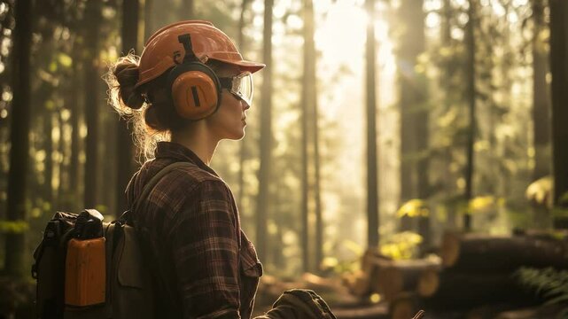 Woman lumberjack in protective equipment, holding tools and surveying a forest logging site, highlighting strength, sustainability, and labor. Video made using Generative AI.