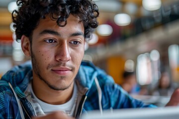 Close-Up of Young Hispanic Male Teacher Using Tablet in Classroom Setting