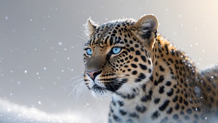 Fototapeta premium Beautiful leopard with blue eyes looking into the distance during a snowfall.