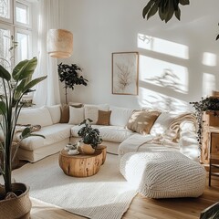 A bright and stylish living room with natural lighting and plants