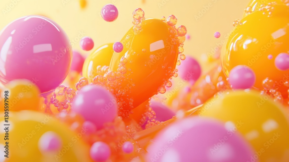Poster Floating spheres and blobs create a vibrant abstract colorful composition