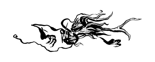 Chinese dragon drawing, whimsy vector illustration, black and white
