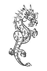 Chinese dragon drawing, vector illustration, black line on a white background