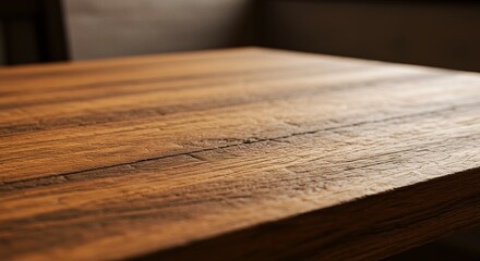 Wooden table top angle view close up. Wooden texture background. Wooden surface mockup for designers.