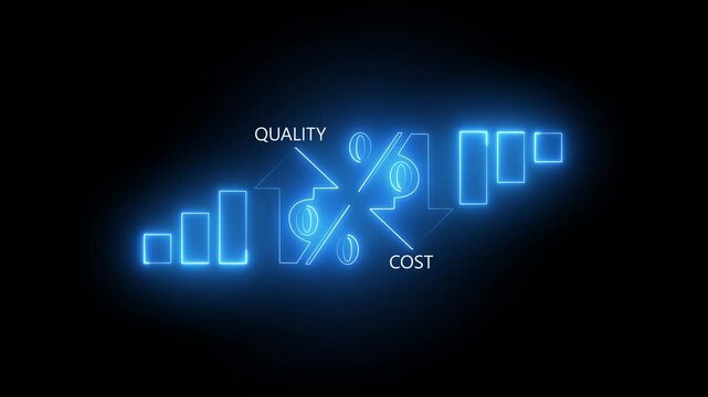 Quality neon control and company cost reduction. Successful organization strategy and management. Percentage icon of quality and cost with up and down mini graph animation, on black background.