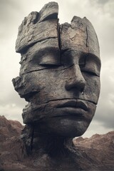 Fototapeta premium Surreal Stone Face with Cracks in Desert Landscape