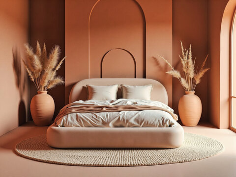 Modern minimalist bedroom with terracotta walls, round rug, and dried plant arrangements in clay vases.